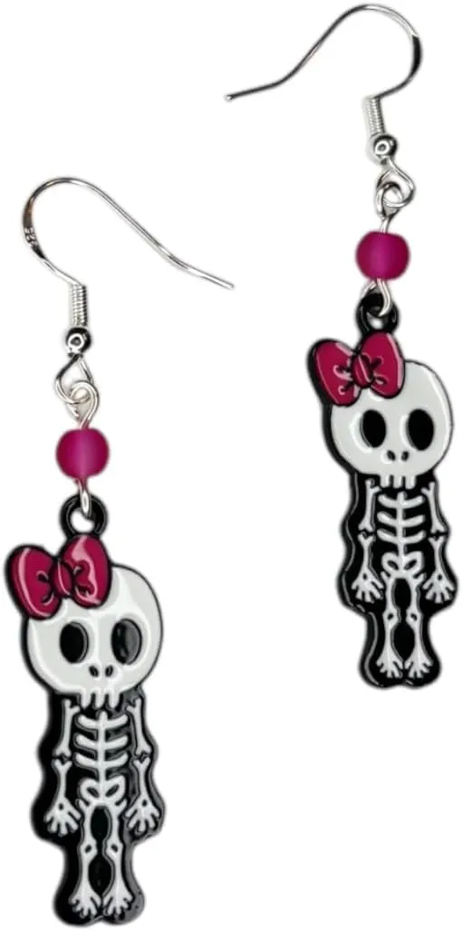 Cute Skeleton Dangle Earrings with Pink Bow, Gothic Fashion Jewelry Halloween