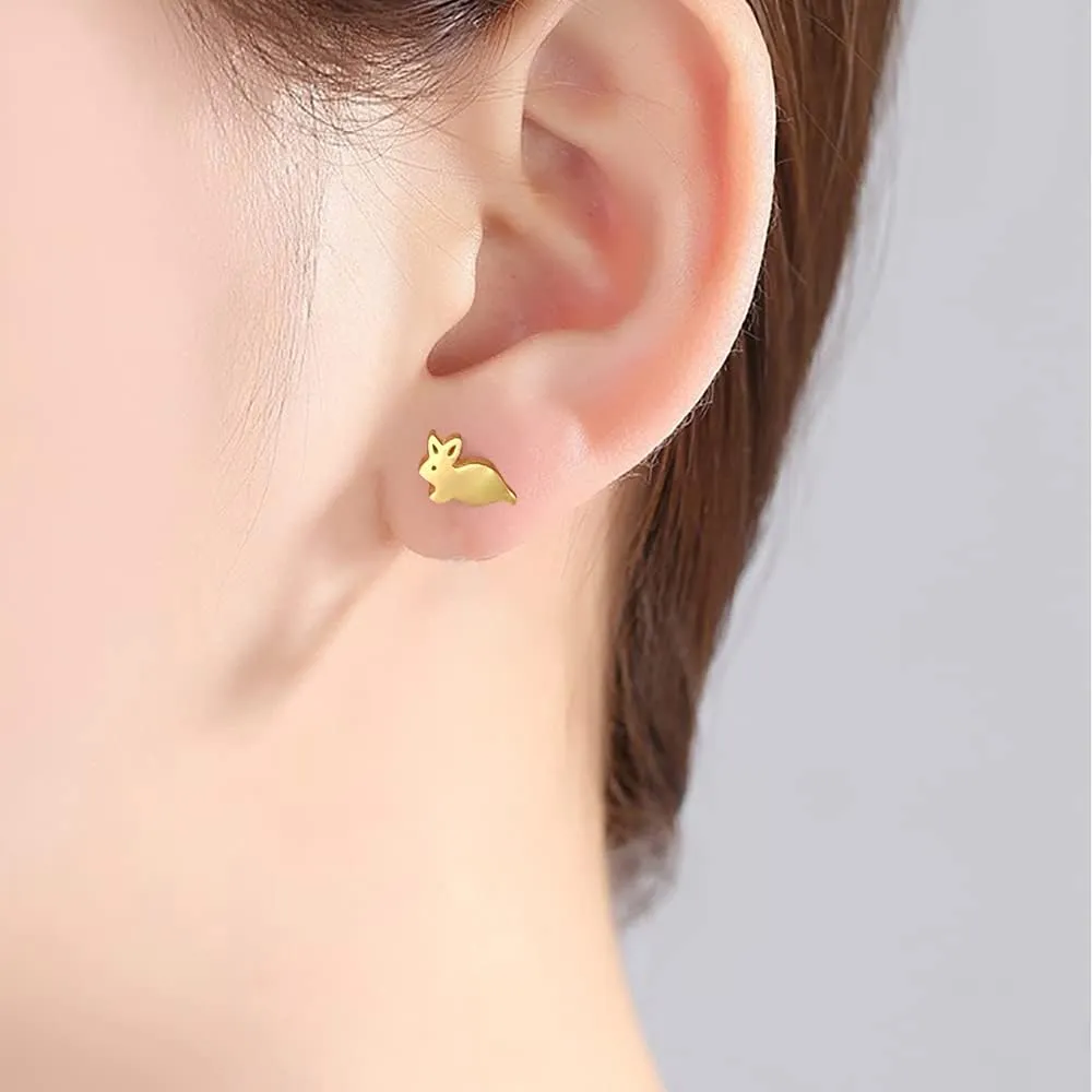 Cute Small Rabbit Stud Earrings for Women Gold Plated Stainless Steel Hypoallergenic Tiny Dainty Animal Cartilage Tragus Minimalist Polished Christmas Easter Jewelry Gifts