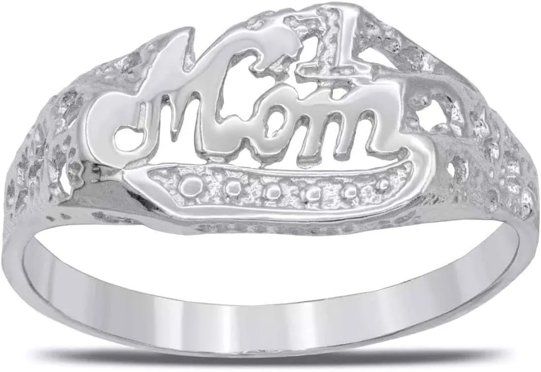 Dainty .925 Sterling Silver Mother Love Script #1 Mom Statement Ring