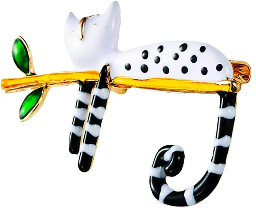 Dainty Black White Cat Brooch Pin for Women Teen Girls Fashion Enamel Kitten Animal Lapel Pins Cute Green Leaf Dress Accessories Birthday Christmas Jewelry