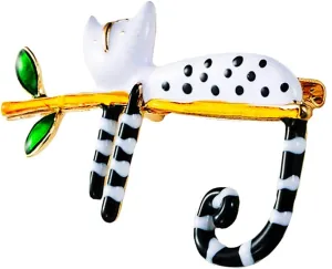 Dainty Black White Cat Brooch Pin for Women Teen Girls Fashion Enamel Kitten Animal Lapel Pins Cute Green Leaf Dress Accessories Birthday Christmas Jewelry