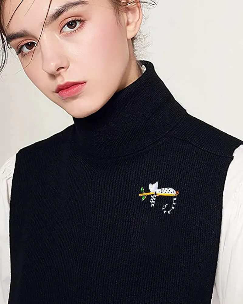 Dainty Black White Cat Brooch Pin for Women Teen Girls Fashion Enamel Kitten Animal Lapel Pins Cute Green Leaf Dress Accessories Birthday Christmas Jewelry