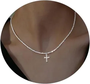 Dainty Cross Necklace for Women 14k Gold/Silver Plated Tiny Layered Cross Faith Pendant Necklace Layering Gold Choker Necklace Paper Clip Box Chain Twisted Rope Necklace Simple Jewelry