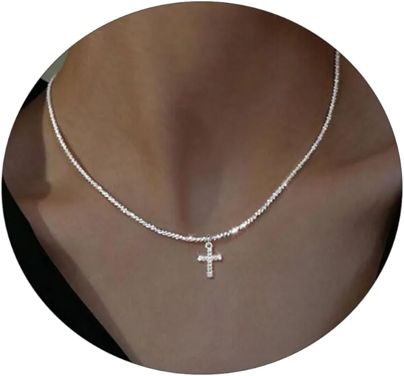 Dainty Cross Necklace for Women 14k Gold/Silver Plated Tiny Layered Cross Faith Pendant Necklace Layering Gold Choker Necklace Paper Clip Box Chain Twisted Rope Necklace Simple Jewelry