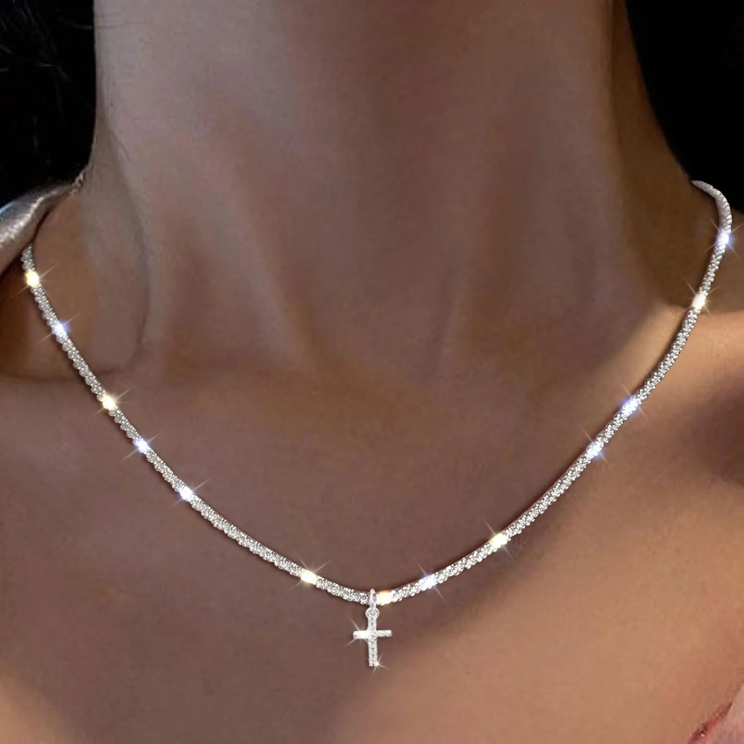 Dainty Cross Necklace for Women 14k Gold/Silver Plated Tiny Layered Cross Faith Pendant Necklace Layering Gold Choker Necklace Paper Clip Box Chain Twisted Rope Necklace Simple Jewelry
