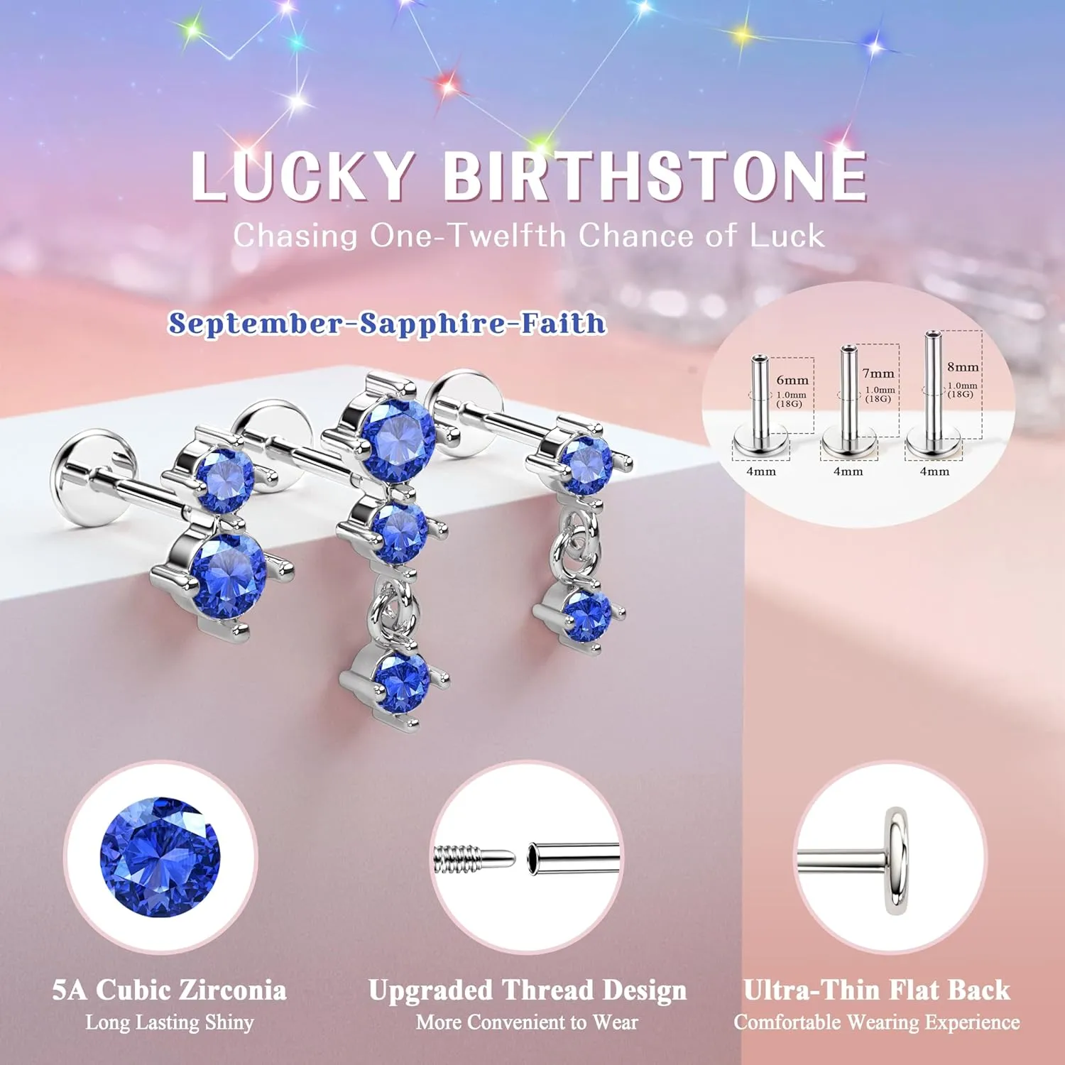 Dainty Flat Back Studs & Dangle Earrings - Hypoallergenic 18G Sets for Multiple Piercing - Birthstone CZ Earrings