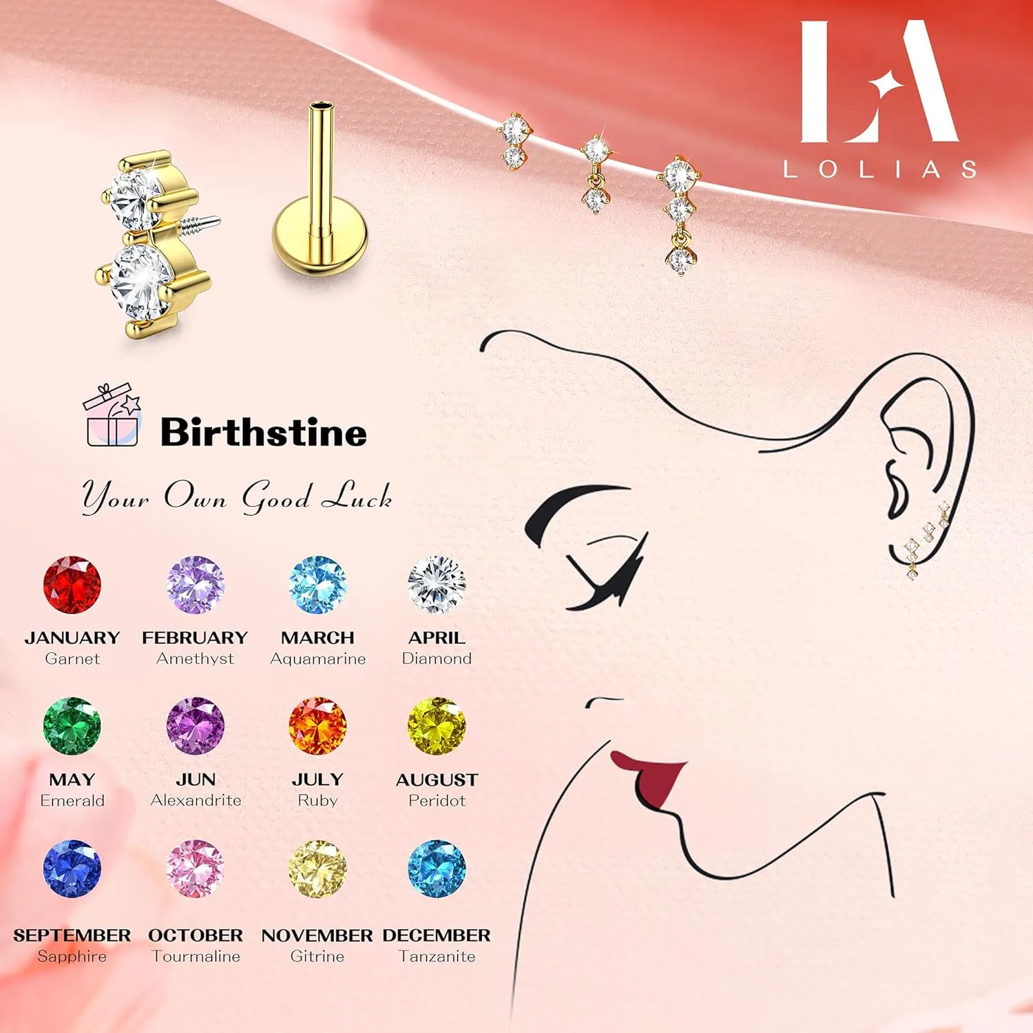 Dainty Flat Back Studs & Dangle Earrings - Hypoallergenic 18G Sets for Multiple Piercing - Birthstone CZ Earrings
