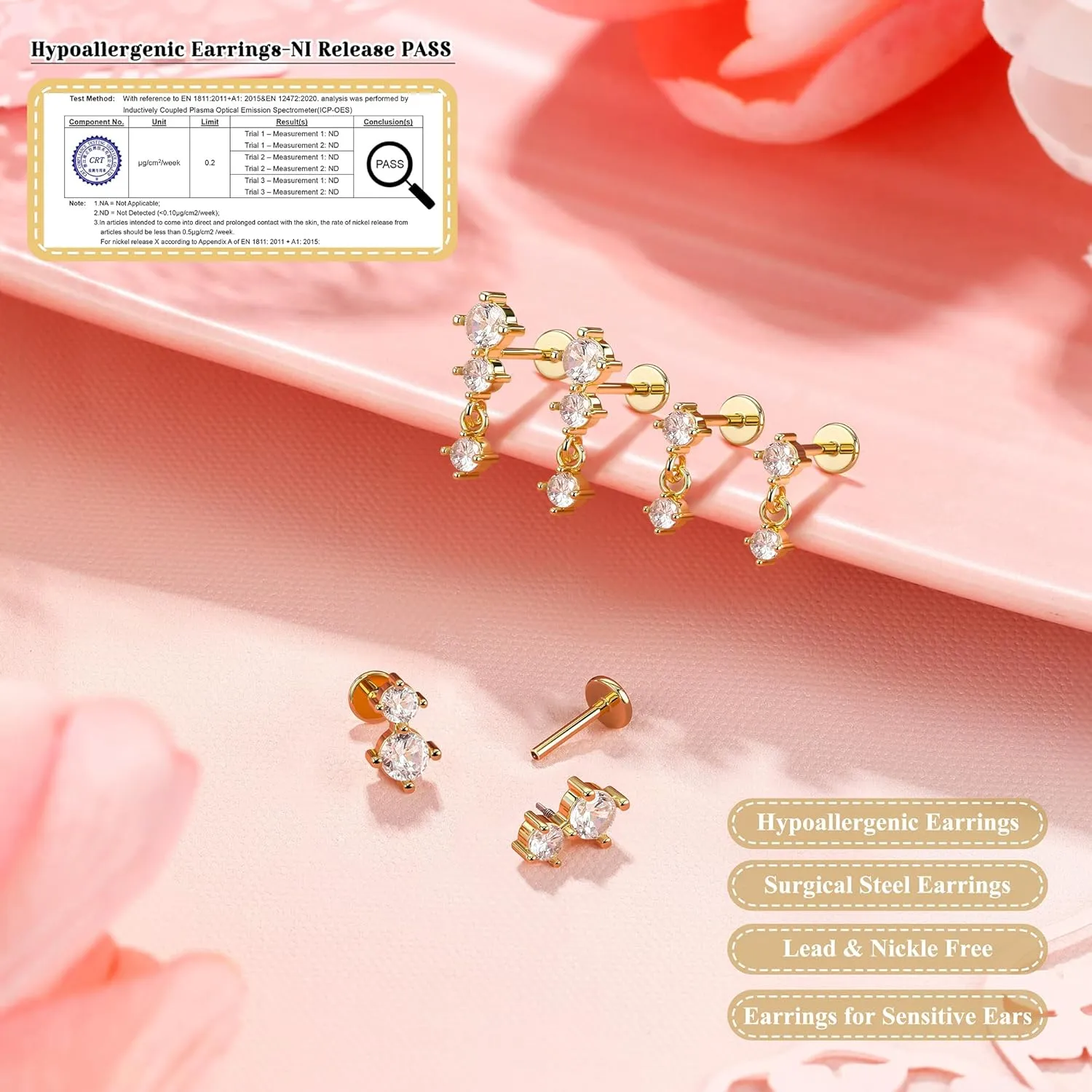 Dainty Flat Back Studs & Dangle Earrings - Hypoallergenic 18G Sets for Multiple Piercing - Birthstone CZ Earrings