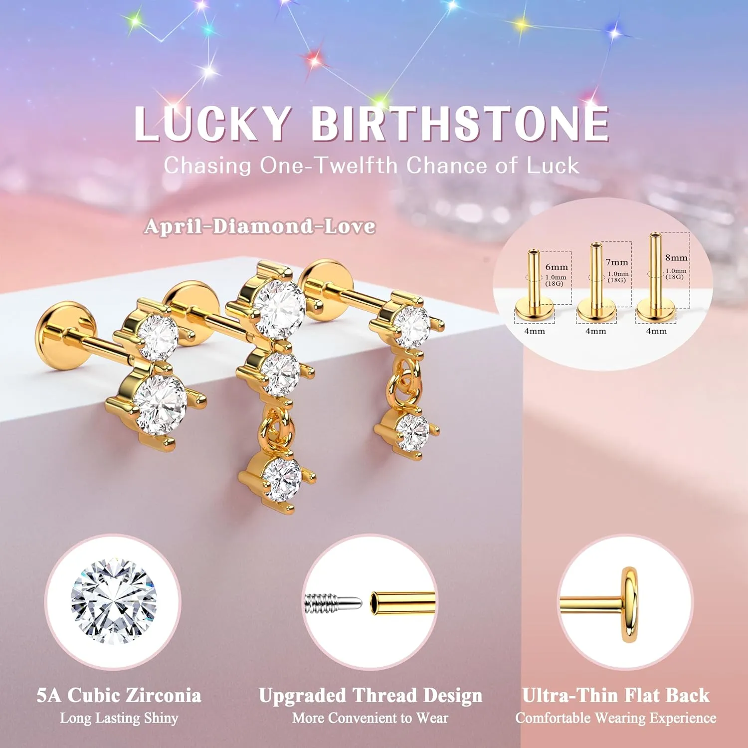 Dainty Flat Back Studs & Dangle Earrings - Hypoallergenic 18G Sets for Multiple Piercing - Birthstone CZ Earrings