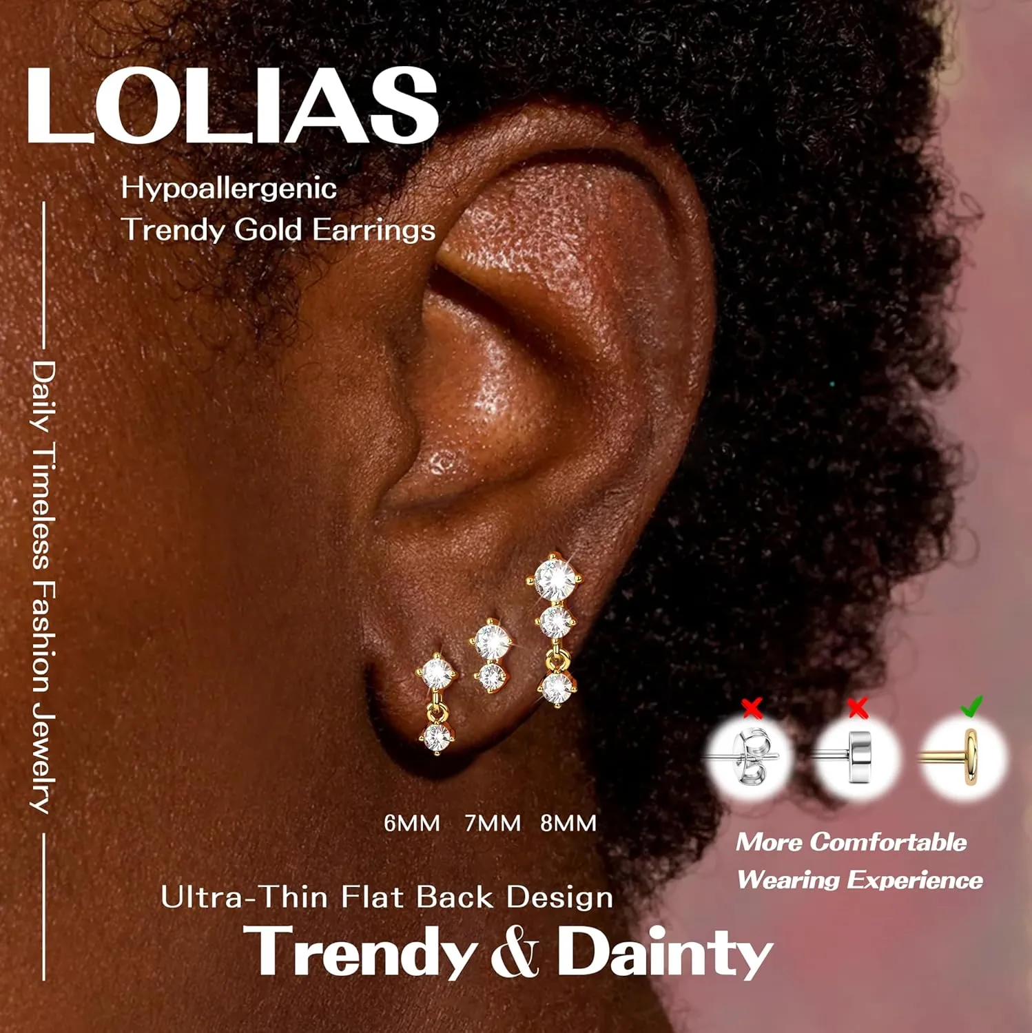Dainty Flat Back Studs & Dangle Earrings - Hypoallergenic 18G Sets for Multiple Piercing - Birthstone CZ Earrings