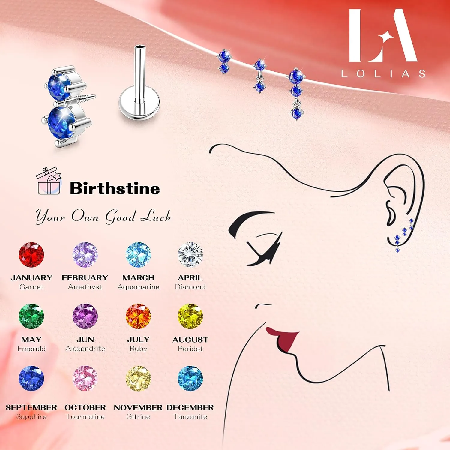 Dainty Flat Back Studs & Dangle Earrings - Hypoallergenic 18G Sets for Multiple Piercing - Birthstone CZ Earrings