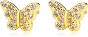 Dainty Gold Butterfly Stud Earrings for Women with S925 Sterling Silver Post, Hypoallergenic 14K Gold Plated Butterfly Shaped Minimalist Earrings Jewelry, Cartilage Helix Piercing