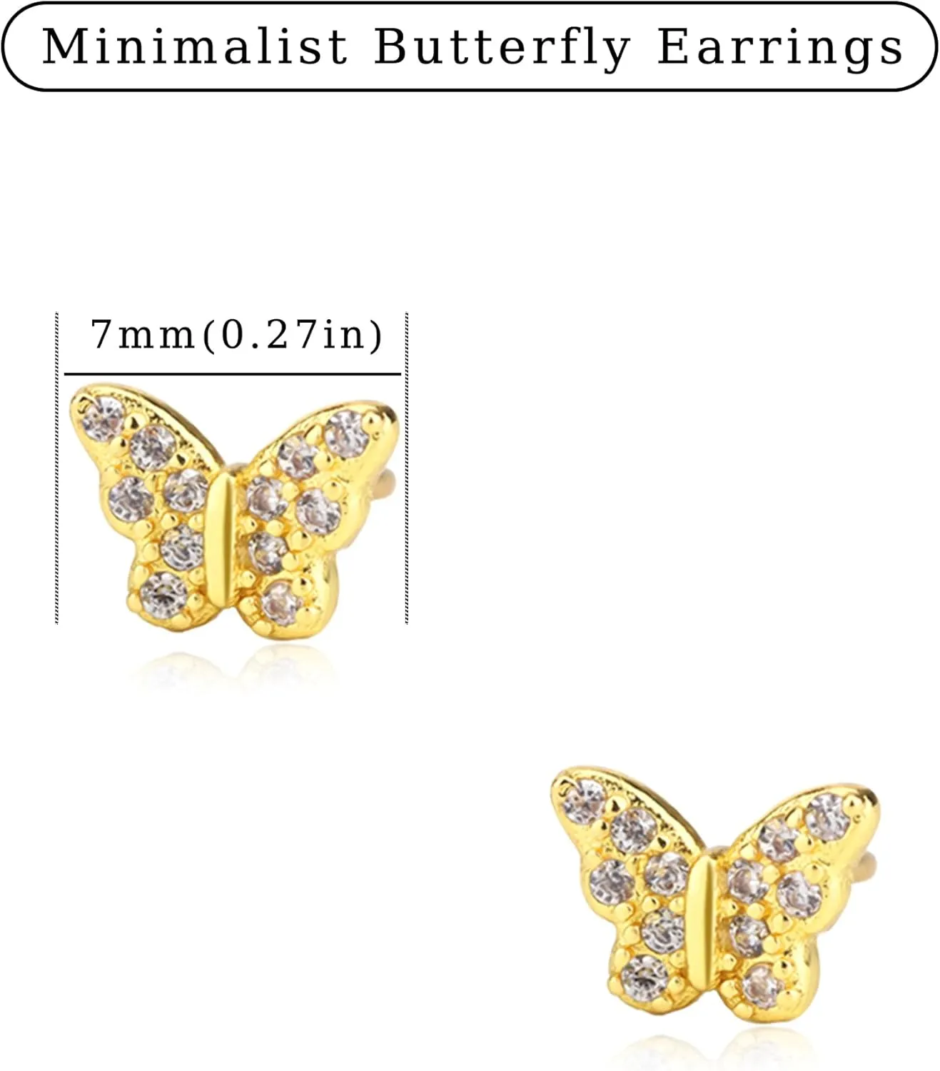 Dainty Gold Butterfly Stud Earrings for Women with S925 Sterling Silver Post, Hypoallergenic 14K Gold Plated Butterfly Shaped Minimalist Earrings Jewelry, Cartilage Helix Piercing