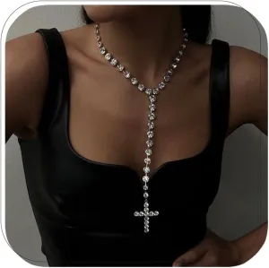 Dainty Long Rhinestone Cross Necklace Silver Faith Trendy Pendant Necklace for Women Fashion Jewelry