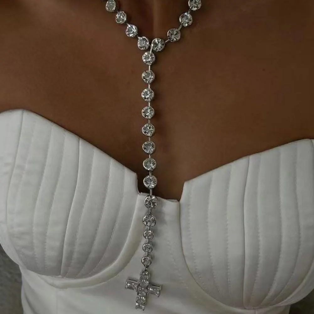 Dainty Long Rhinestone Cross Necklace Silver Faith Trendy Pendant Necklace for Women Fashion Jewelry