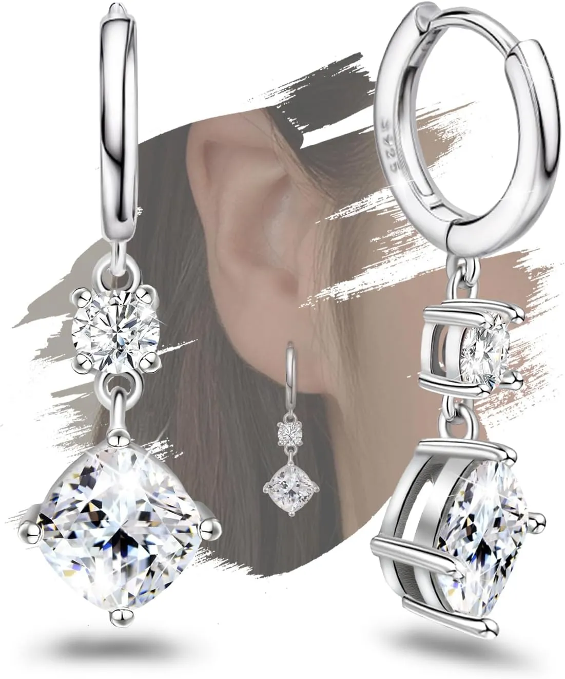 Dangle Hoop Earrings with 9MM Charm White Gold Plated Sterling Silver 2.75ct CZ Drop Earrings Hypoallergenic Shiny Diamond Cubic Zirconia Huggie Earrings Jewelry Gift for Women Birthday Wedding