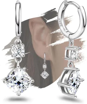 Dangle Hoop Earrings with 9MM Charm White Gold Plated Sterling Silver 2.75ct CZ Drop Earrings Hypoallergenic Shiny Diamond Cubic Zirconia Huggie Earrings Jewelry Gift for Women Birthday Wedding