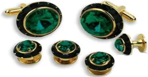 Dark Emerald Stone Center Black Austrian Crystal Tuxedo Studs and Cufflinks Gold Trim