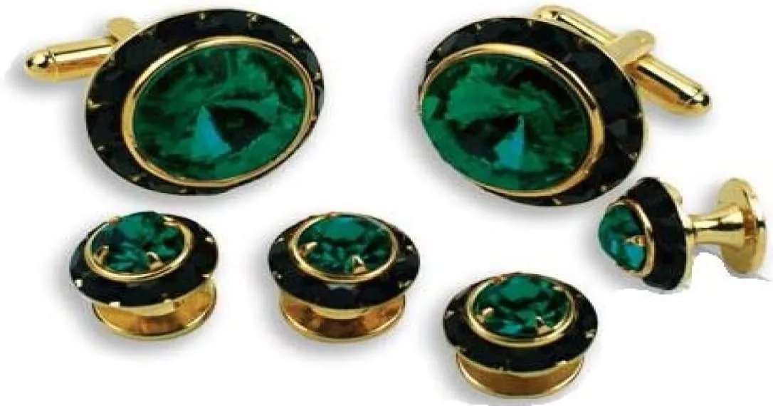 Dark Emerald Stone Center Black Austrian Crystal Tuxedo Studs and Cufflinks Gold Trim