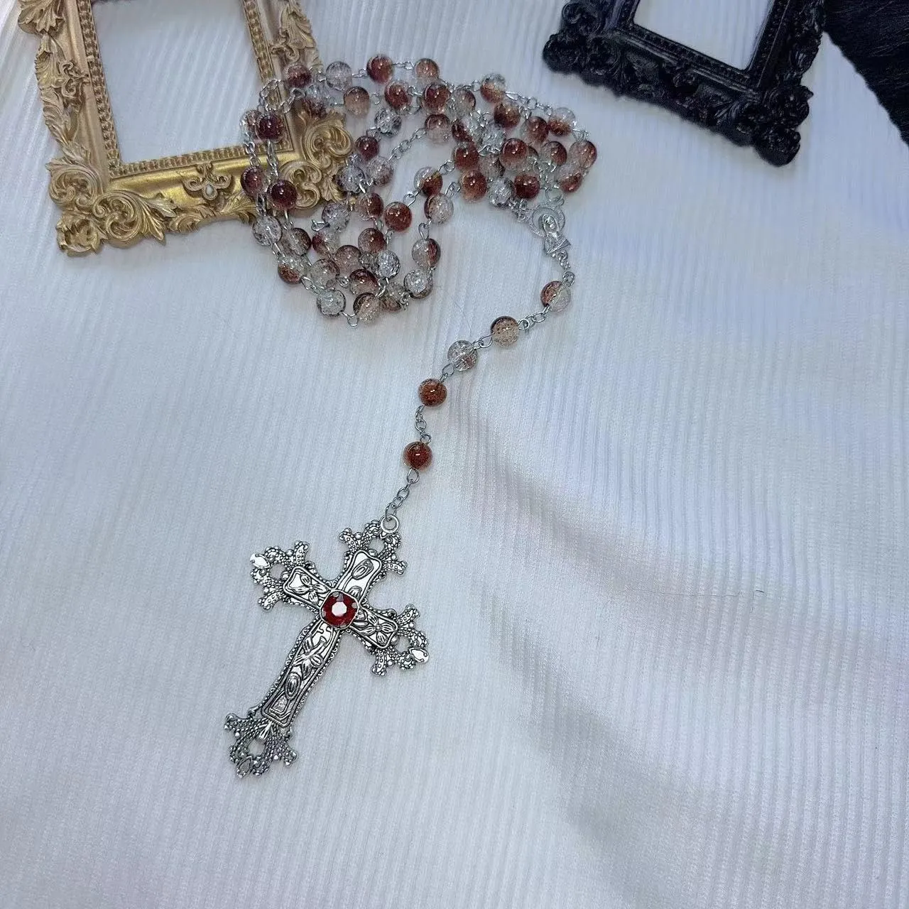 Dark Punk Gothic Lolita Necklace - Gemstone Beads with Crucifix Cross, Catholic Crystal Rosary, Unique Pearl Jewelry Gifts for Women Long Necklace series