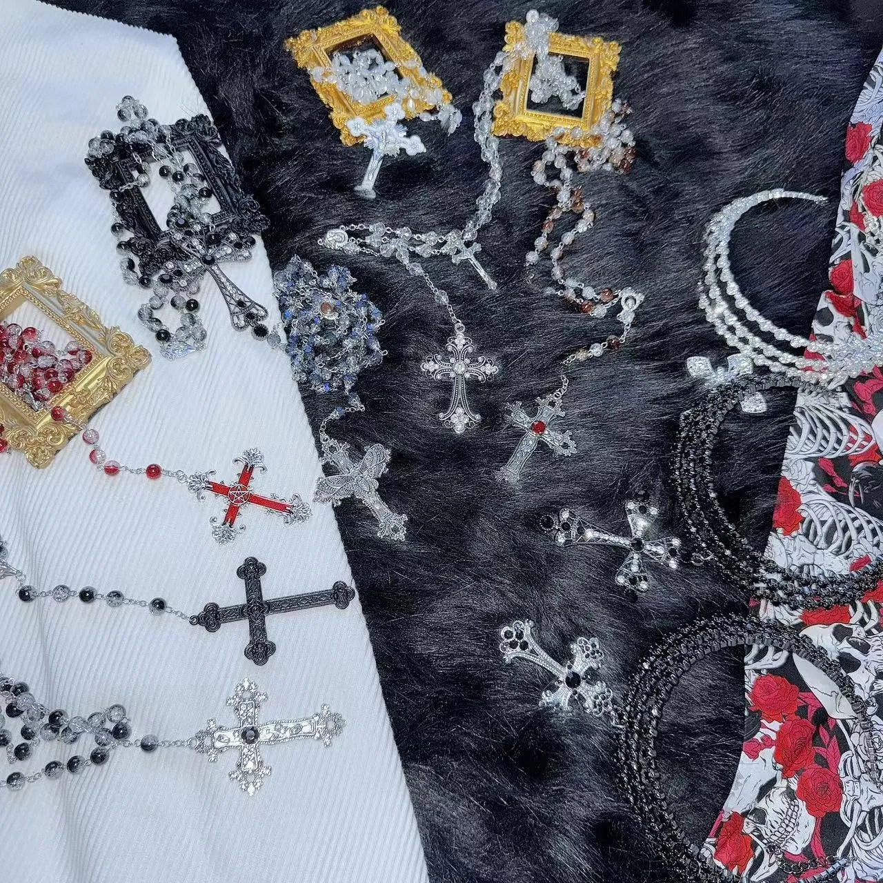 Dark Punk Gothic Lolita Necklace - Gemstone Beads with Crucifix Cross, Catholic Crystal Rosary, Unique Pearl Jewelry Gifts for Women Long Necklace series