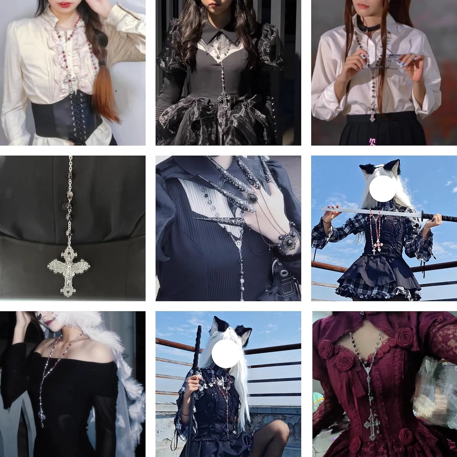 Dark Punk Gothic Lolita Necklace - Gemstone Beads with Crucifix Cross, Catholic Crystal Rosary, Unique Pearl Jewelry Gifts for Women Long Necklace series