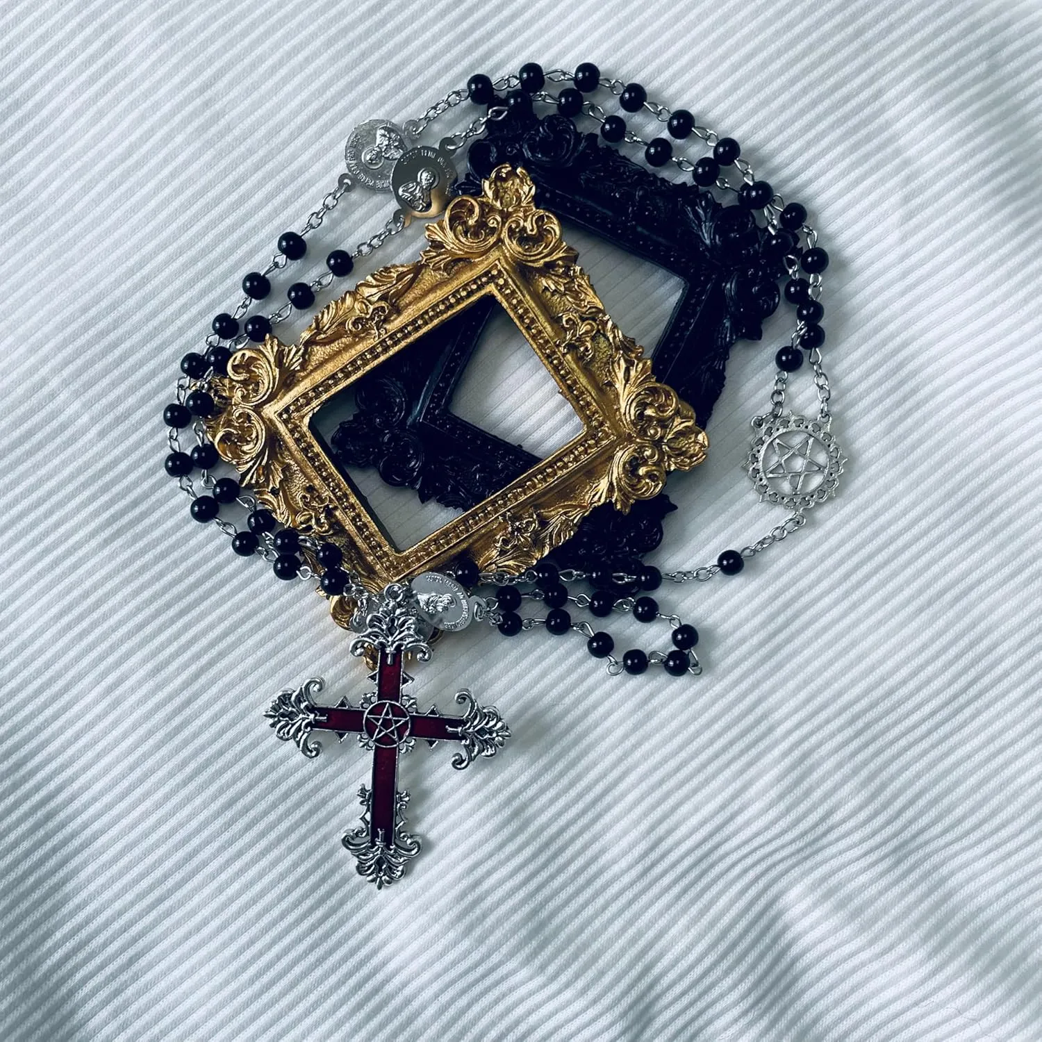 Dark Punk Gothic Lolita Necklace - Gemstone Beads with Crucifix Cross, Catholic Crystal Rosary, Unique Pearl Jewelry Gifts for Women Long Necklace series