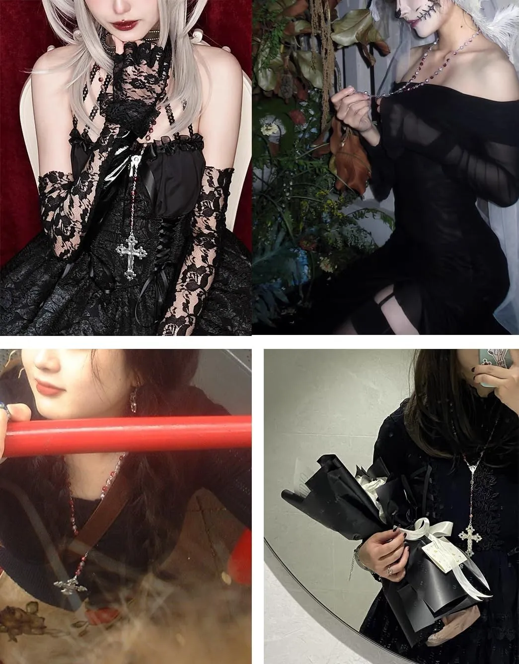 Dark Punk Gothic Lolita Necklace - Gemstone Beads with Crucifix Cross, Catholic Crystal Rosary, Unique Pearl Jewelry Gifts for Women Long Necklace series
