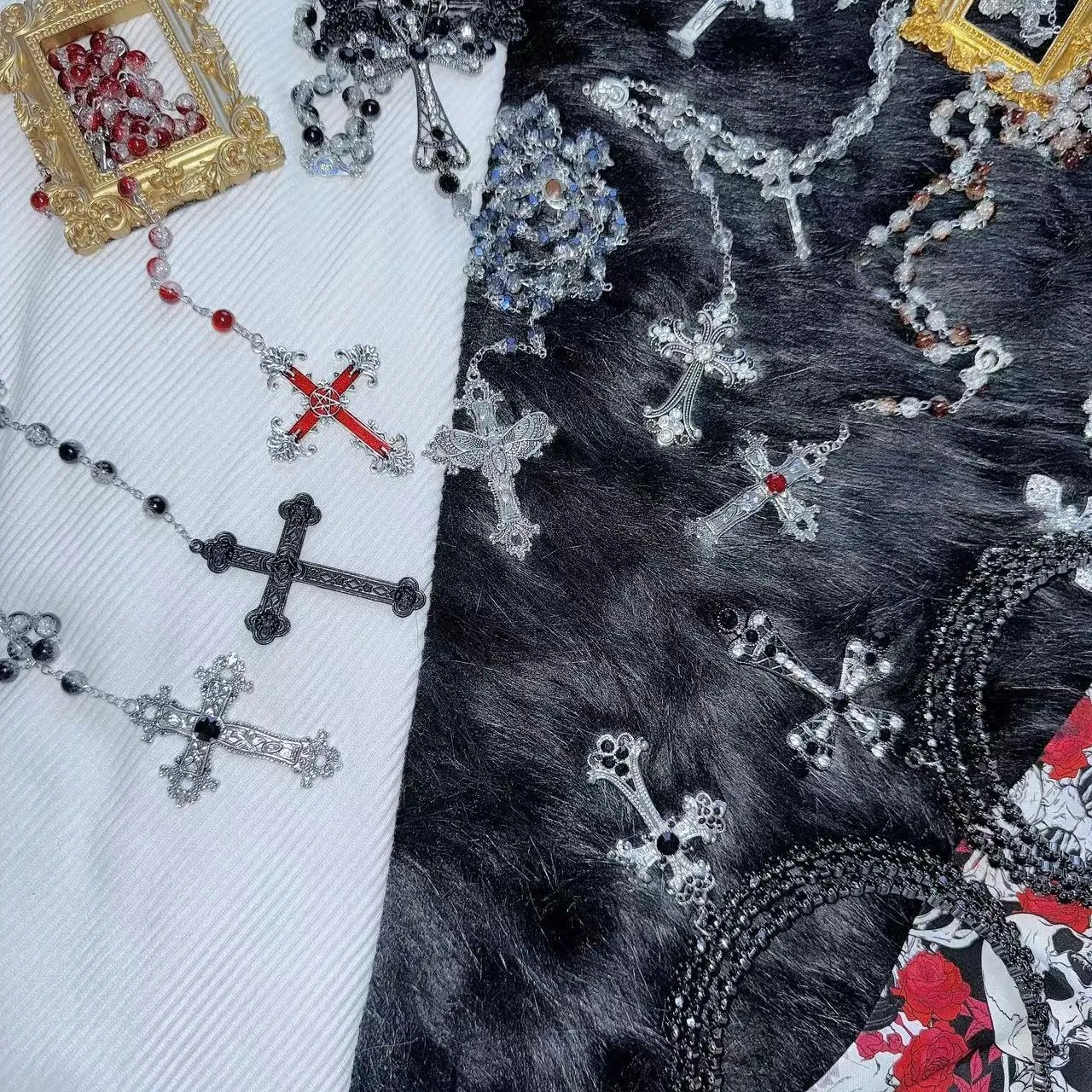 Dark Punk Gothic Lolita Necklace - Gemstone Beads with Crucifix Cross, Catholic Crystal Rosary, Unique Pearl Jewelry Gifts for Women Long Necklace series
