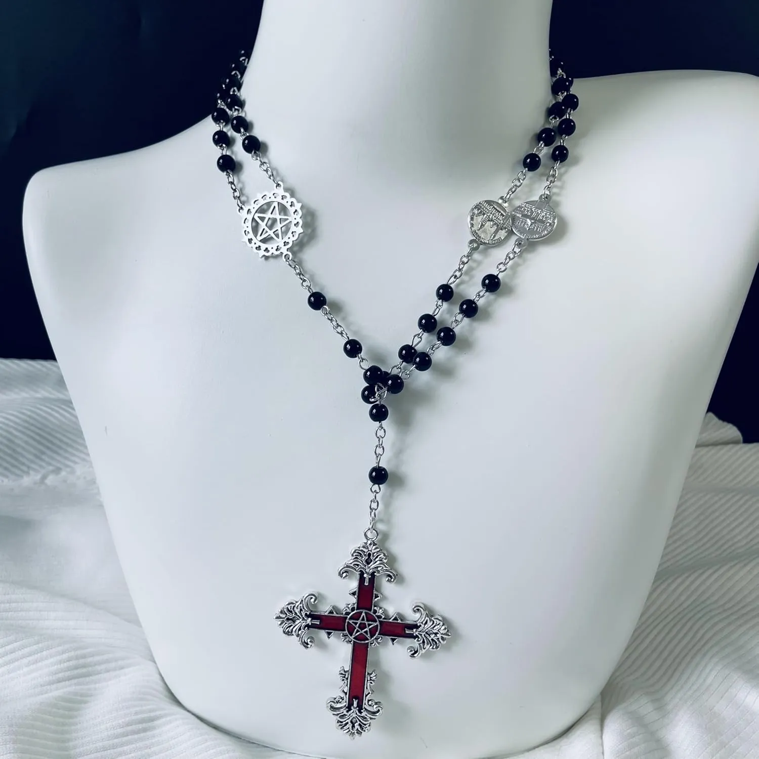 Dark Punk Gothic Lolita Necklace - Gemstone Beads with Crucifix Cross, Catholic Crystal Rosary, Unique Pearl Jewelry Gifts for Women Long Necklace series