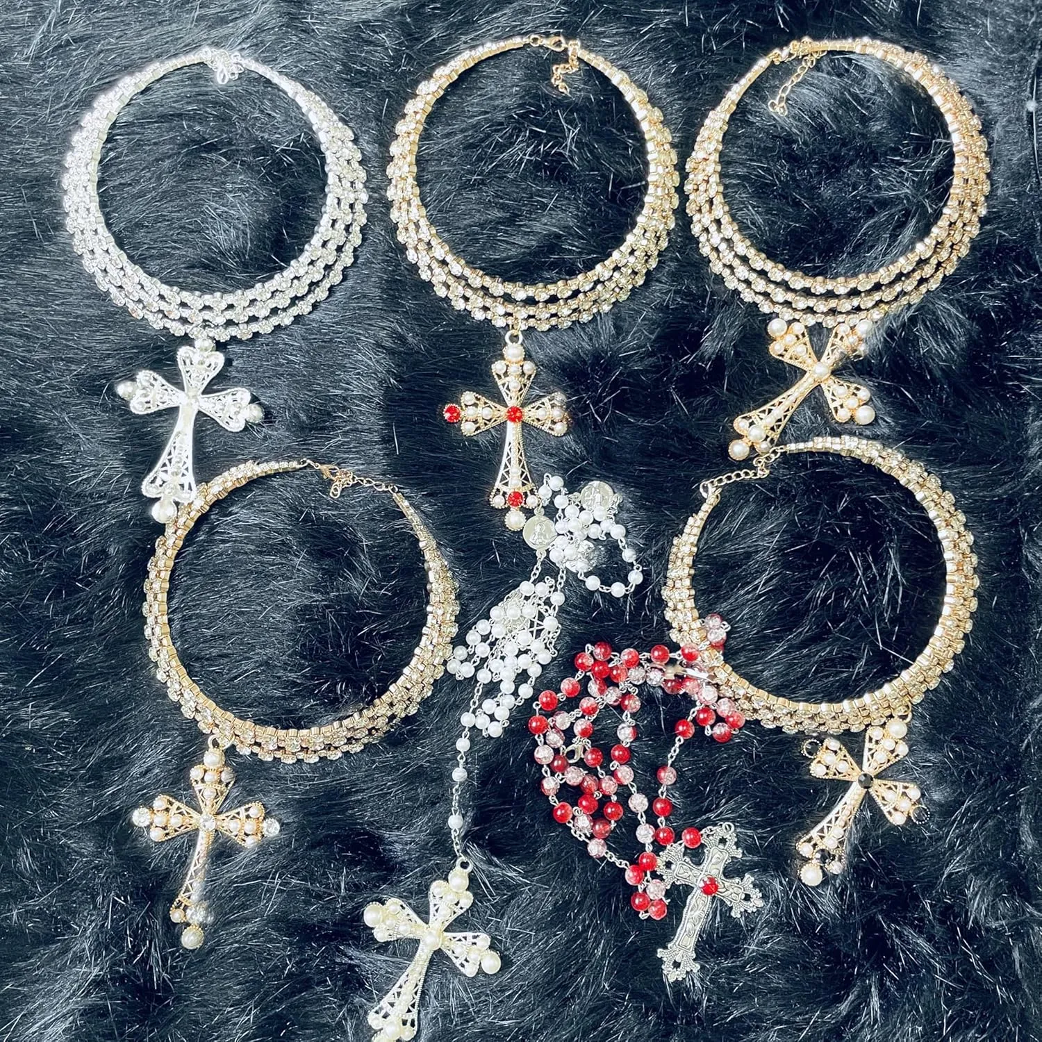 Dark Punk Gothic Lolita Necklace - Gemstone Beads with Crucifix Cross, Catholic Crystal Rosary, Unique Pearl Jewelry Gifts for Women Long Necklace series