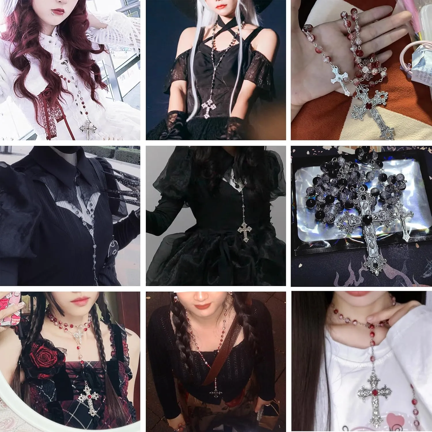 Dark Punk Gothic Lolita Necklace - Gemstone Beads with Crucifix Cross, Catholic Crystal Rosary, Unique Pearl Jewelry Gifts for Women Long Necklace series
