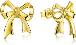 DAYBYDAY Bow Earrings Cubic Zirconia Ribbon Stud Earrings for Women 925 Sterling Silver/Yellow Gold Bow Tie Earrings Cute Jewelry (with Gift Box)