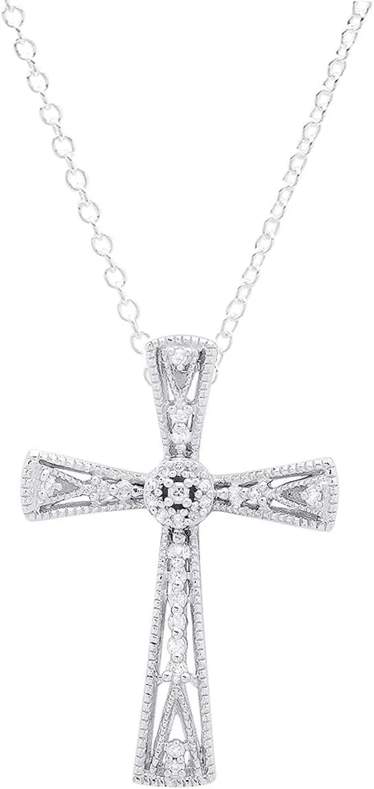 Dazzlingrock Collection 0.10 Carat (ctw) Round White Diamond Ladies Vintage Style Cross Pendant 1/10 CT, Sterling Silver