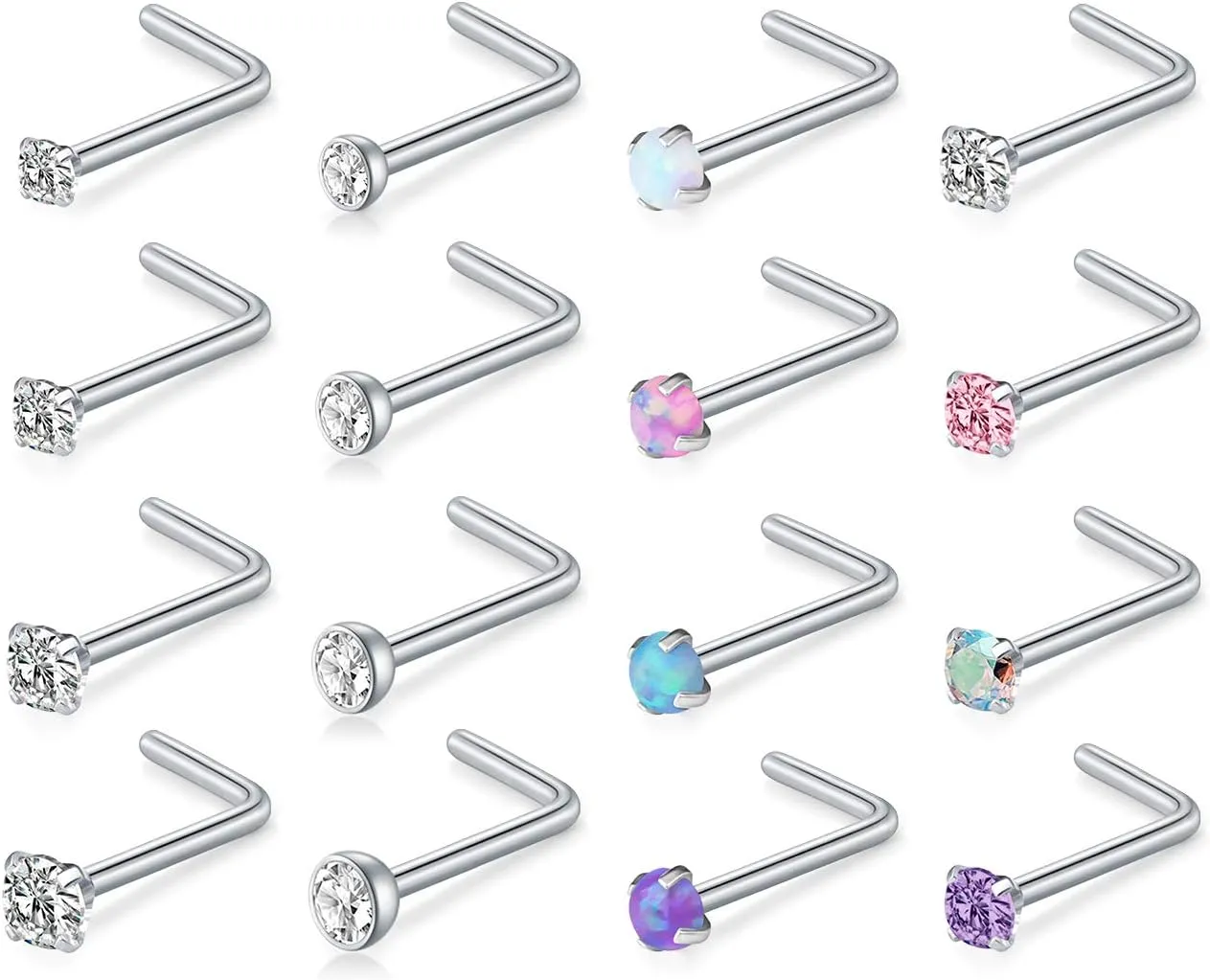 D.Bella 18G 20G 22G L Shaped Nose Studs Surgical Stainless Steel 1.5mm 2mm 2.5mm 3mm CZ Nose Rings For Women