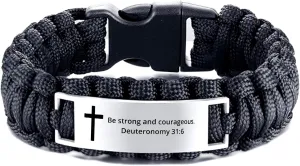 Deuteronomy 31:6 Black Rope Braided Bracelet Christian Bible Verse Cross - Inspirational Engraved Stainless Steel Jewelry Religious Quote Faith God For Men Women, Personalized Gifts