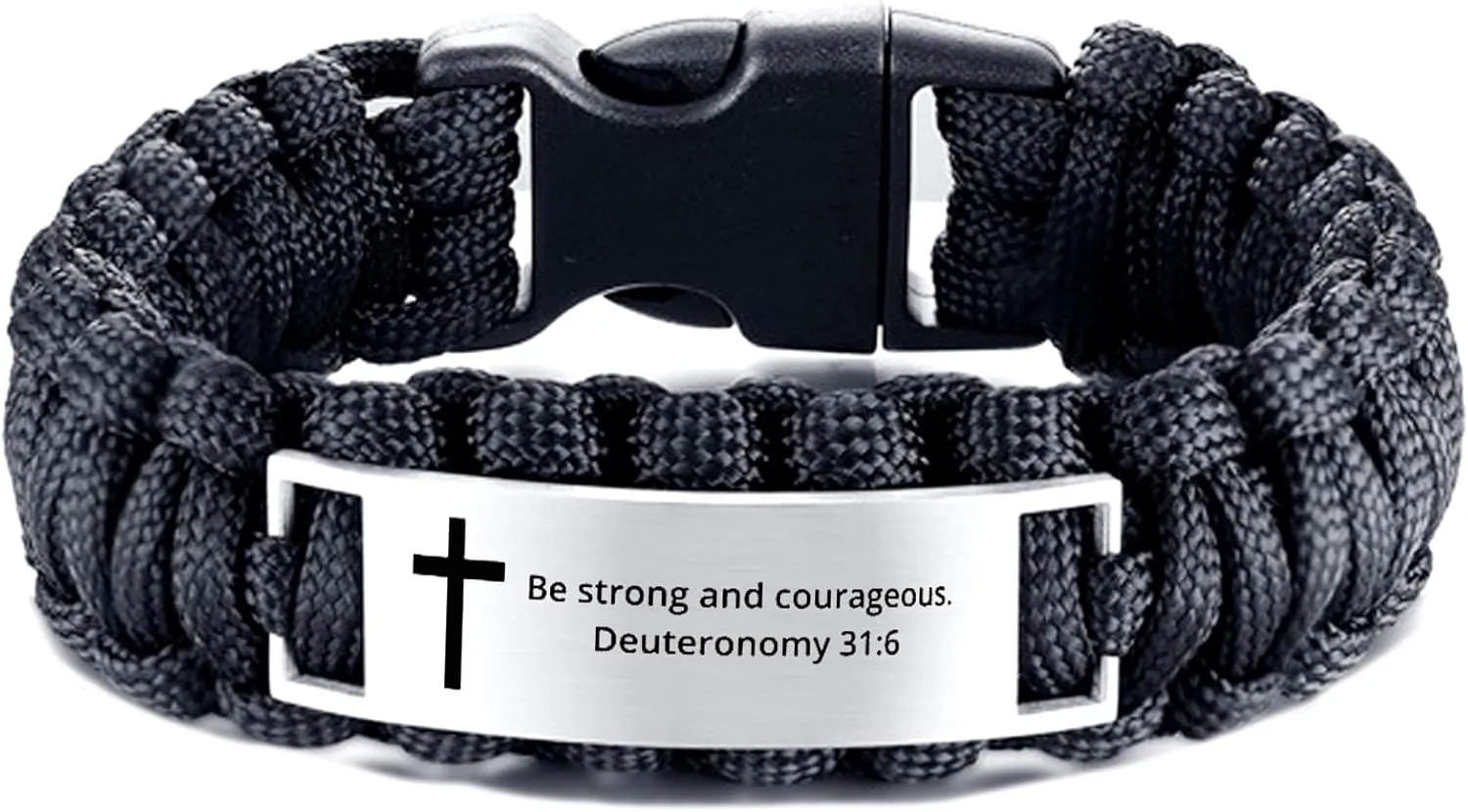 Deuteronomy 31:6 Black Rope Braided Bracelet Christian Bible Verse Cross - Inspirational Engraved Stainless Steel Jewelry Religious Quote Faith God For Men Women, Personalized Gifts