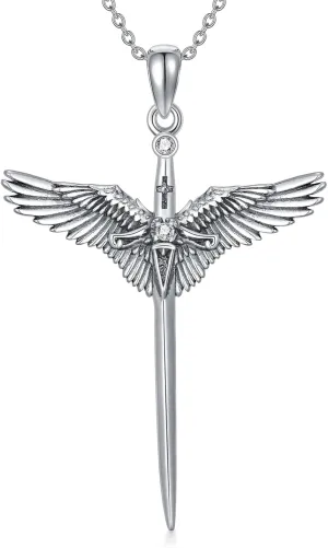 Diamond Angel Wings Sword Necklace 925 Sterling Silver Angel Wings Sword Pendant Sword of Faith Necklace Jewelry Gifts for Women Wife Girlfriend