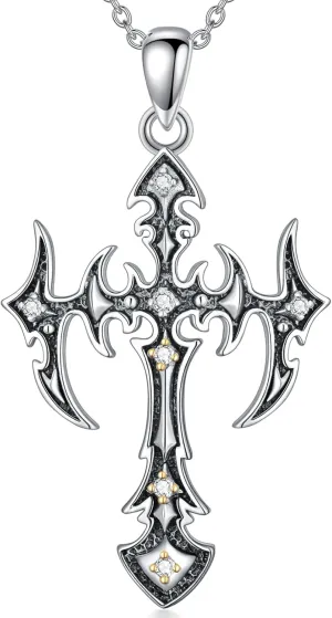 Diamond Gothic Cross Necklace 925 Sterling Silver Gothic Cross Pendant Necklace Christian Jewelry Gifts for Women Wife Girlfriend