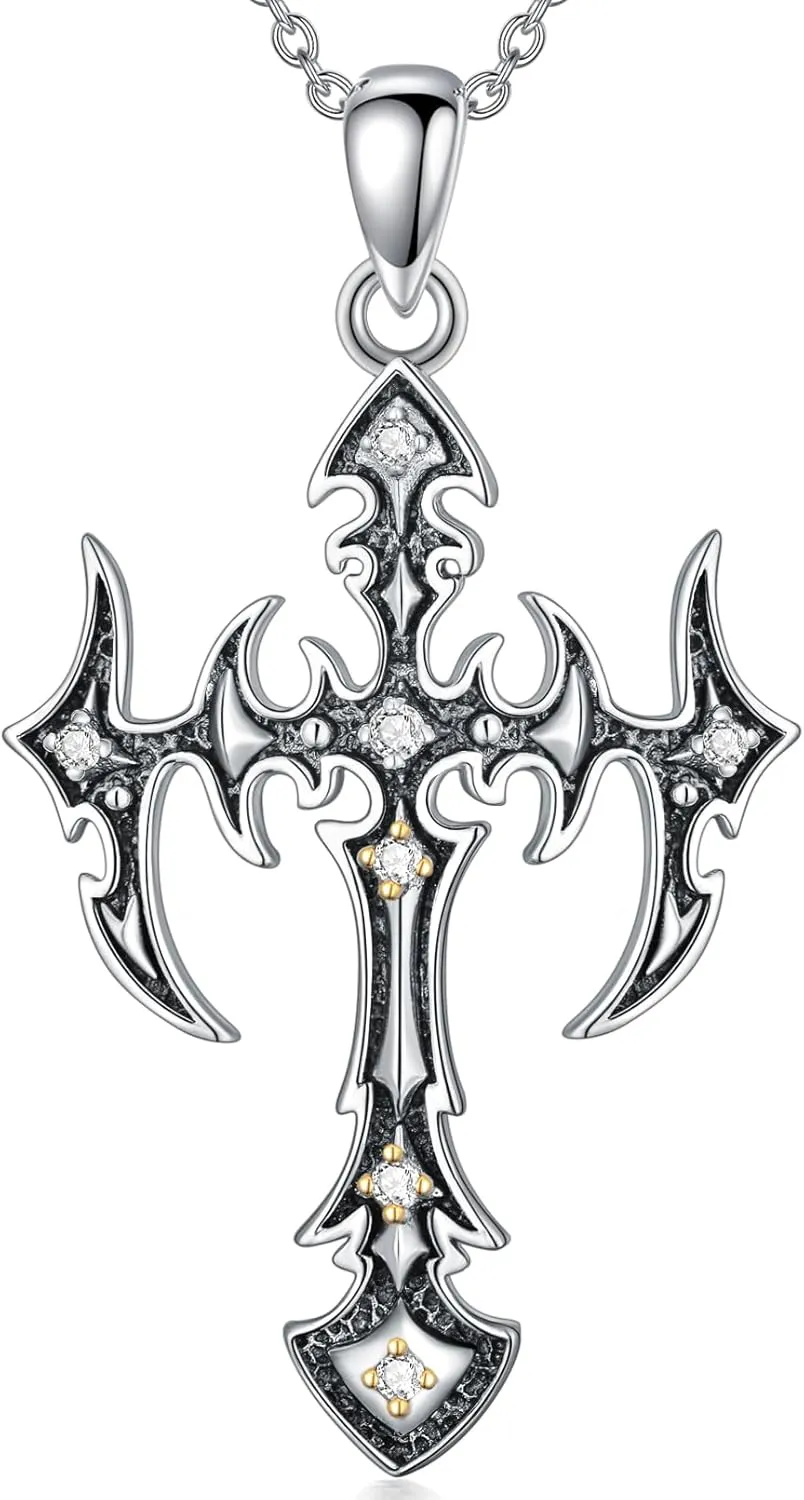 Diamond Gothic Cross Necklace 925 Sterling Silver Gothic Cross Pendant Necklace Christian Jewelry Gifts for Women Wife Girlfriend