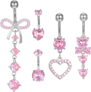 DIVINA VITAE 5PCS Belly Button Ring 14G Surgical Stainless Steel Belly Rings Dangling Belly Piercing Jewelry with Heart Bow Elements for Women