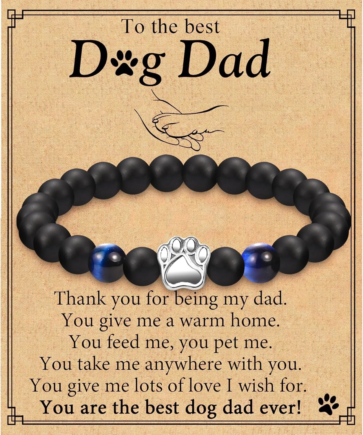 Dog Dad Gifts for Men, Paw Charm Bracelet - Father's Day, Christmas, Birthday Jewelry for Dog Lovers With Sentimental Message Card