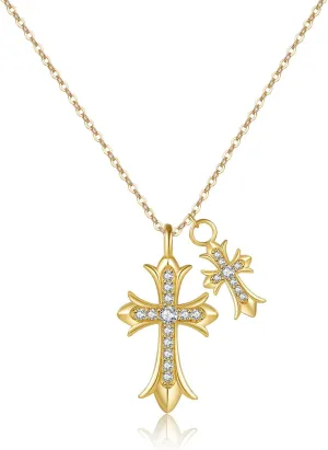 Double Cross Necklace for Women 14k Gold Plated Cross Pendant Necklace y2k Cubic Zirconia Pearl Cross Necklace for Men Women Jewelry Gift