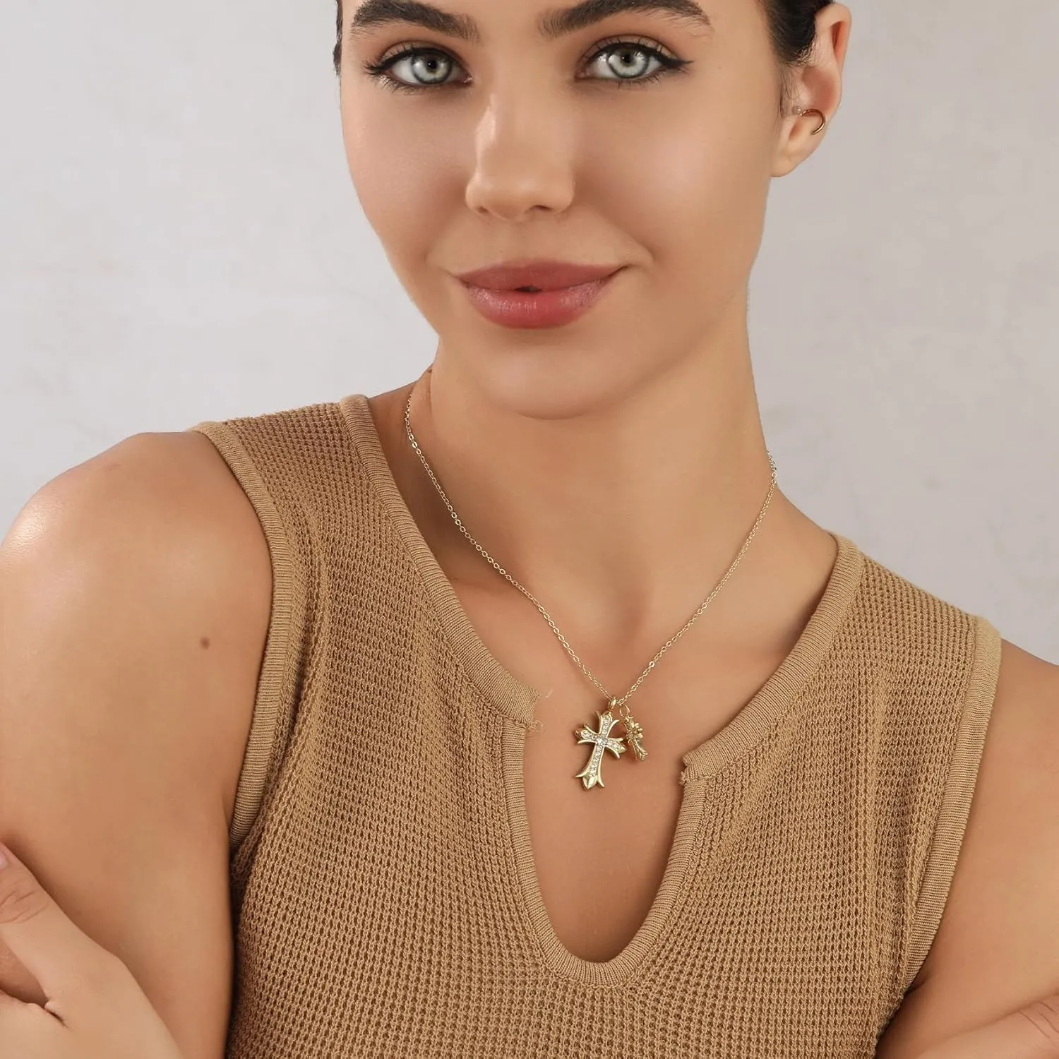 Double Cross Necklace for Women 14k Gold Plated Cross Pendant Necklace y2k Cubic Zirconia Pearl Cross Necklace for Men Women Jewelry Gift