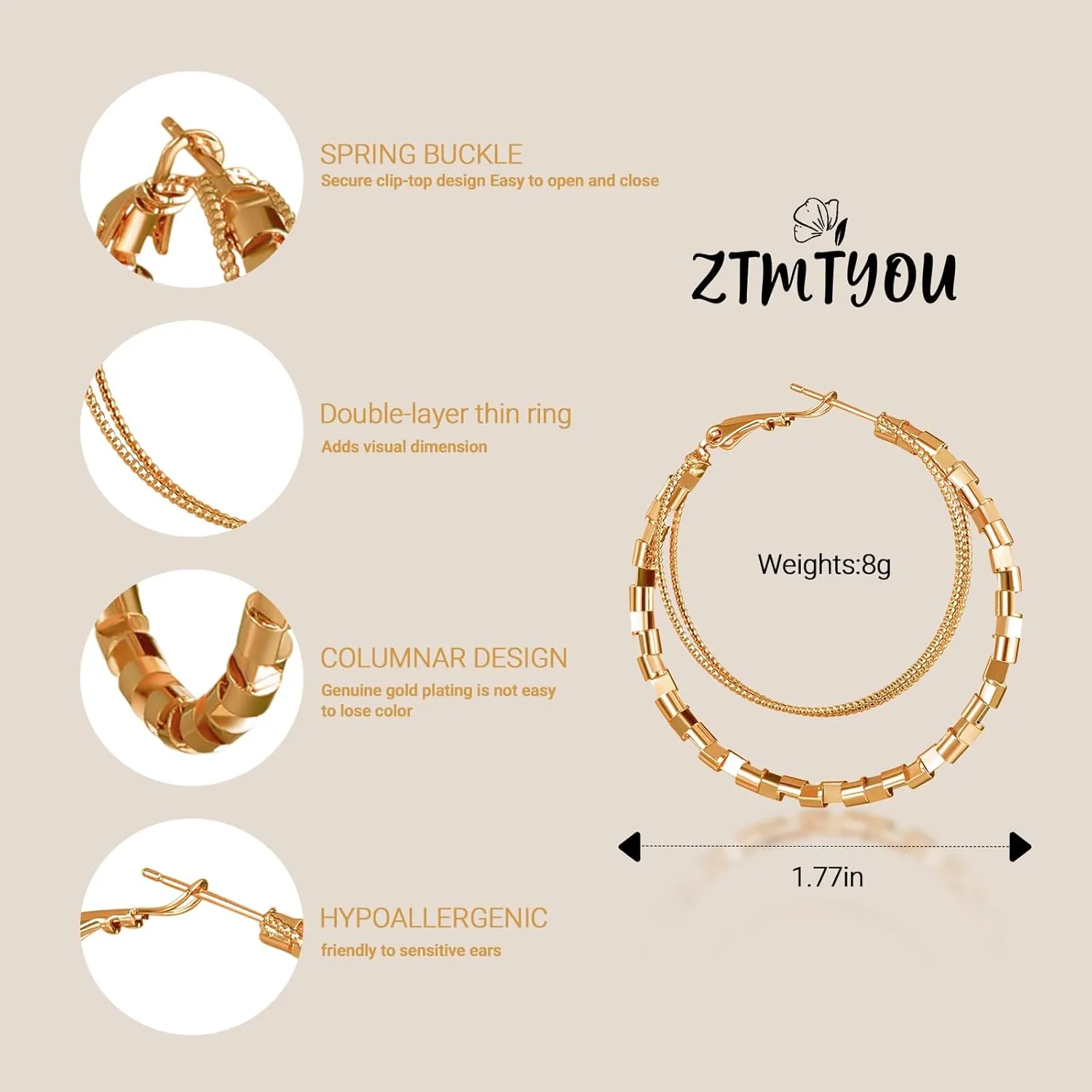 Double Gold Hoop Earrings For Women ,18K Gold Plated Huggie Hoop Earrings for Women|Girls, Trendy|Unique Earrings Hypoallergenic|Nicke Free Hoop Earrings 45mm Lightweight Pierced Every Earring With Gift