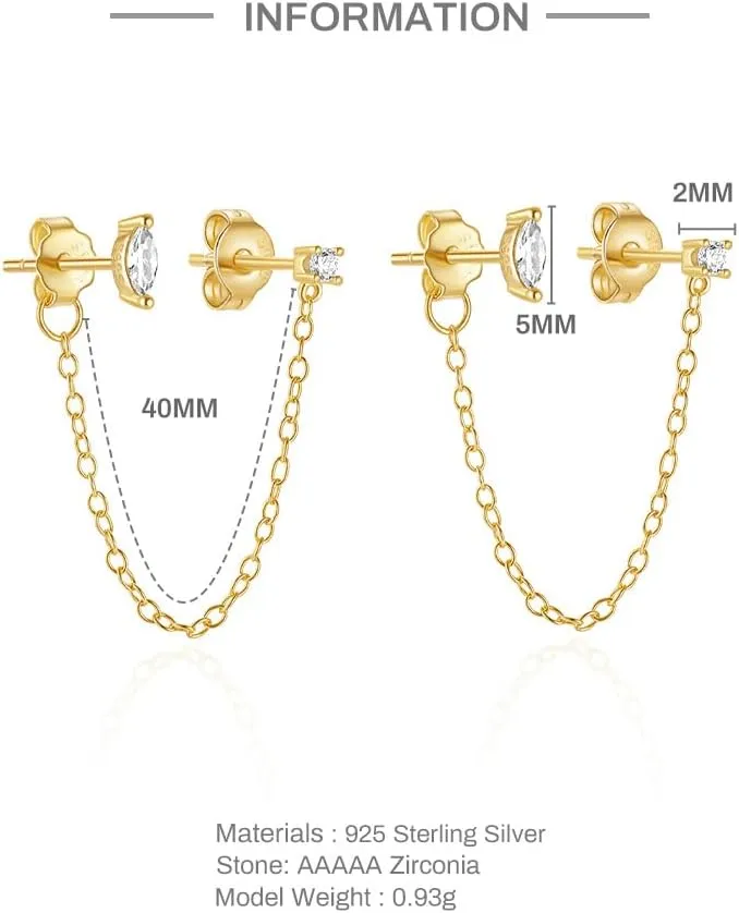 Double Hole Cubic Zirconia Cartilage Tiny Studs Wrap Cuff Tassel Chain Climber Crawler Drop Dangle Front Back Earrings for Women Teen Girls 925 Sterling Silver Piercing Sleeper Ear Jacket Earring Dainty Birthday Jewelry Gifts