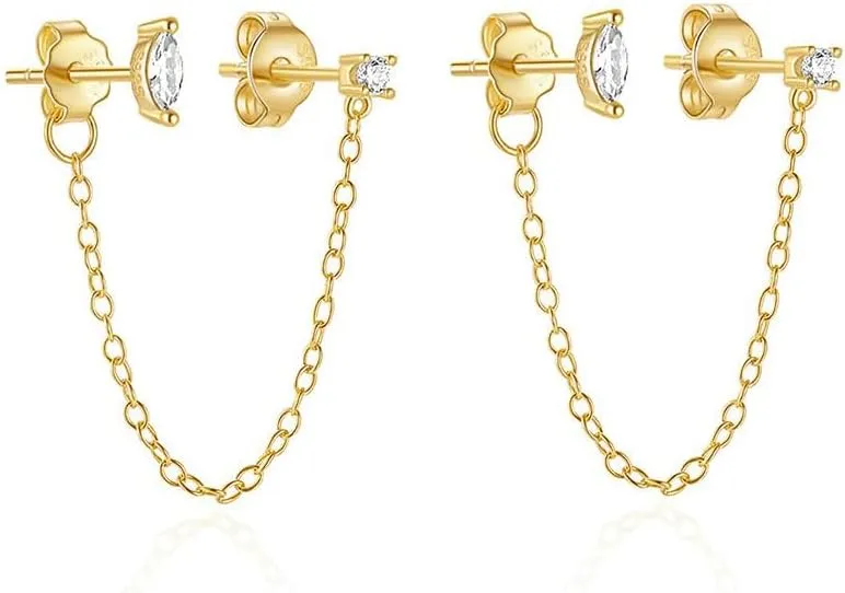 Double Hole Cubic Zirconia Cartilage Tiny Studs Wrap Cuff Tassel Chain Climber Crawler Drop Dangle Front Back Earrings for Women Teen Girls 925 Sterling Silver Piercing Sleeper Ear Jacket Earring Dainty Birthday Jewelry Gifts