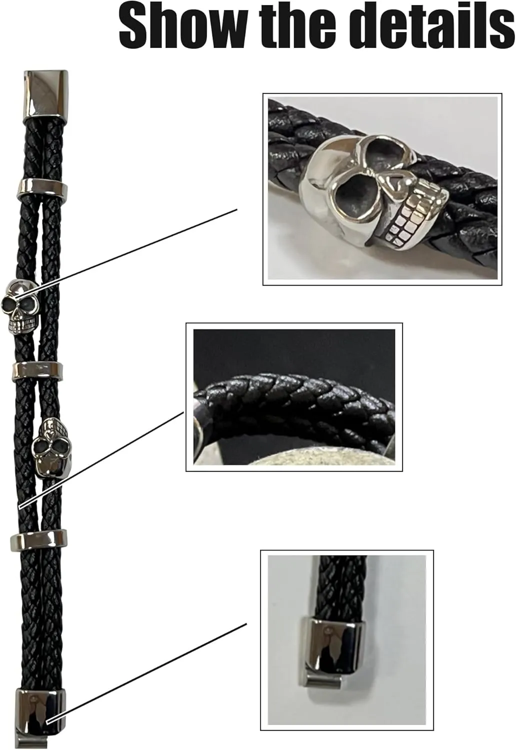 Double Row Skull Mens Bracelet, 316L Stainless Steel Cuff Bracelets for Men, Skeleton Braided Leather Punk Gothic Wristband Jewelry