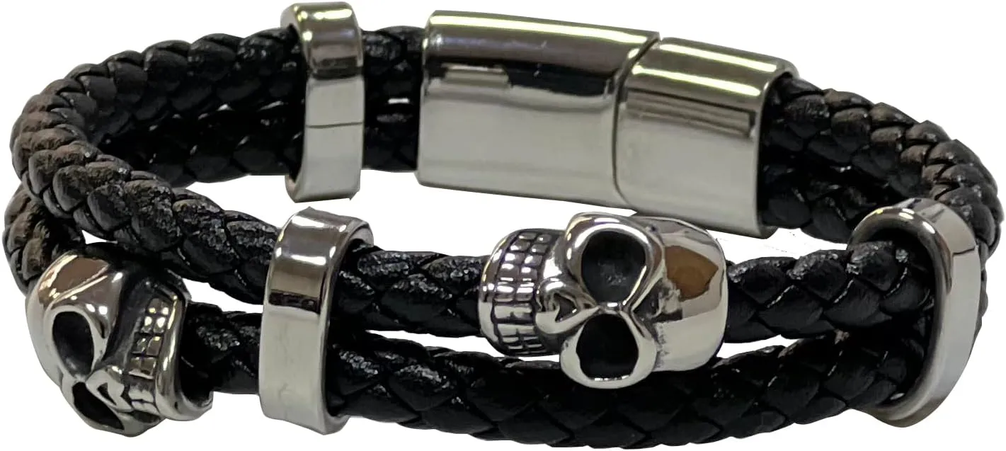 Double Row Skull Mens Bracelet, 316L Stainless Steel Cuff Bracelets for Men, Skeleton Braided Leather Punk Gothic Wristband Jewelry