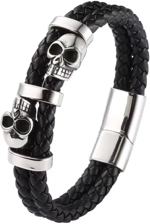 Double Row Skull Mens Bracelet, 316L Stainless Steel Cuff Bracelets for Men, Skeleton Braided Leather Punk Gothic Wristband Jewelry